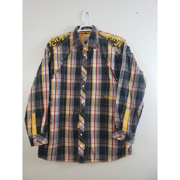 (9) Y2K Akademiks Mens Shirt Size 2XL Plaid Embroidered Streetwear Fray Hip-Hop - Picture 1 of 9
